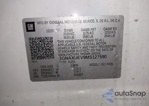 2021 Chevrolet Equinox Awd Lt z USA, uszkodzony, nr VIN 3GNAXUEV9MS127590